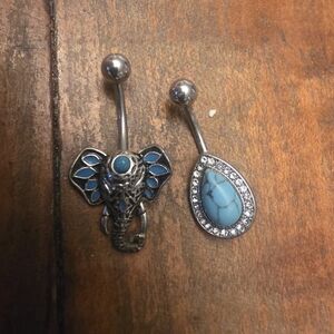 6 Pc Body Jewelry Set Belly Button Rings Elephant, Turqoise Gemstone, Skull